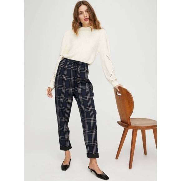 Wilfred Aritzia Soleste High-Waisted Drawstring Pant Women’s Size XS Plaid Navy - Picture 1 of 7